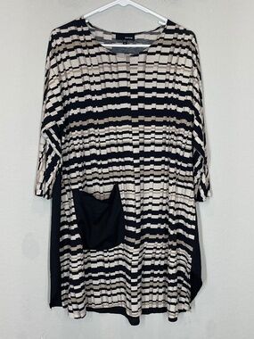 Sun Kim Tunic Top Women's Size S Striped Pattern 3/4 Sleeve Lagenlook Pocket